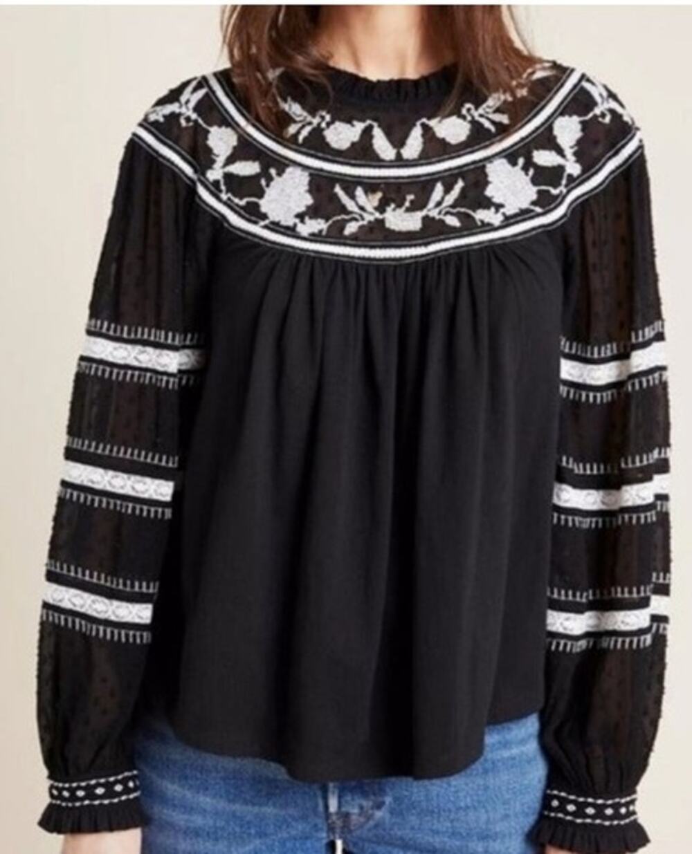 Maeve by Anthropologie Winona Lace Black Embroidered Blouse, Size L